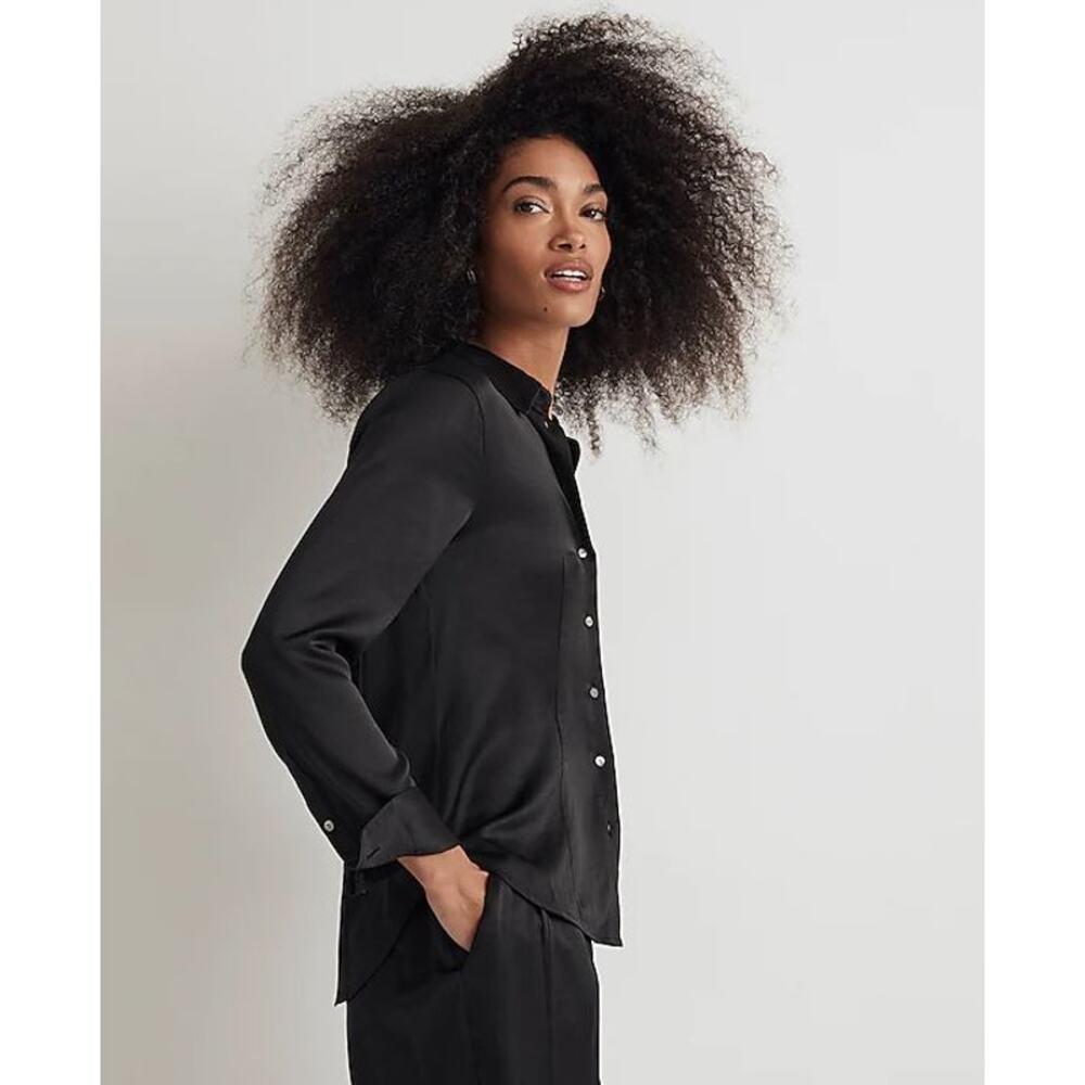 NWT Madewell Satin Darted Button-Up Shirt True Black Women's Size 14 #NN947 - Picture 4 of 13